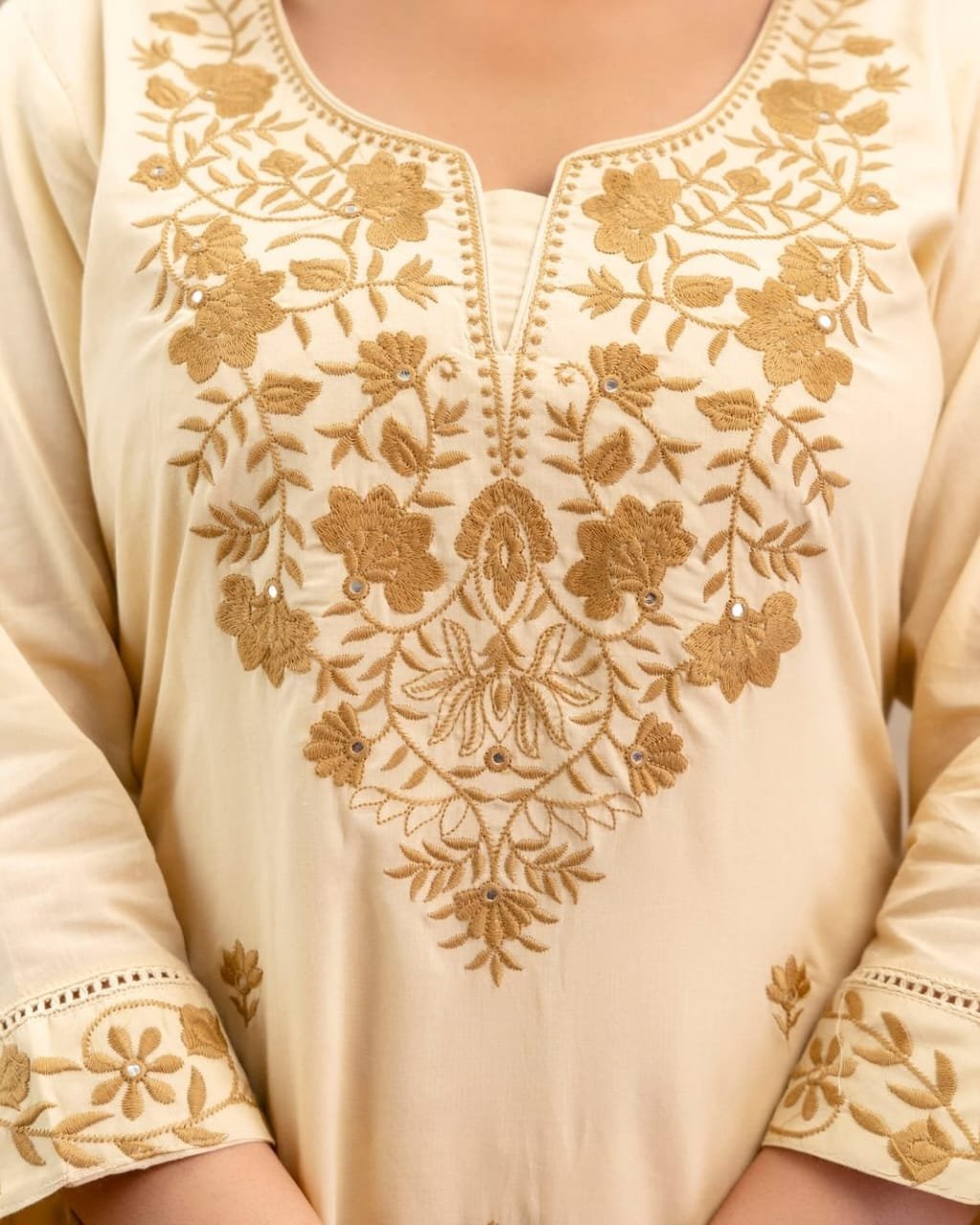 Cream Khadi Flex Cotton Embroidered Suit Set